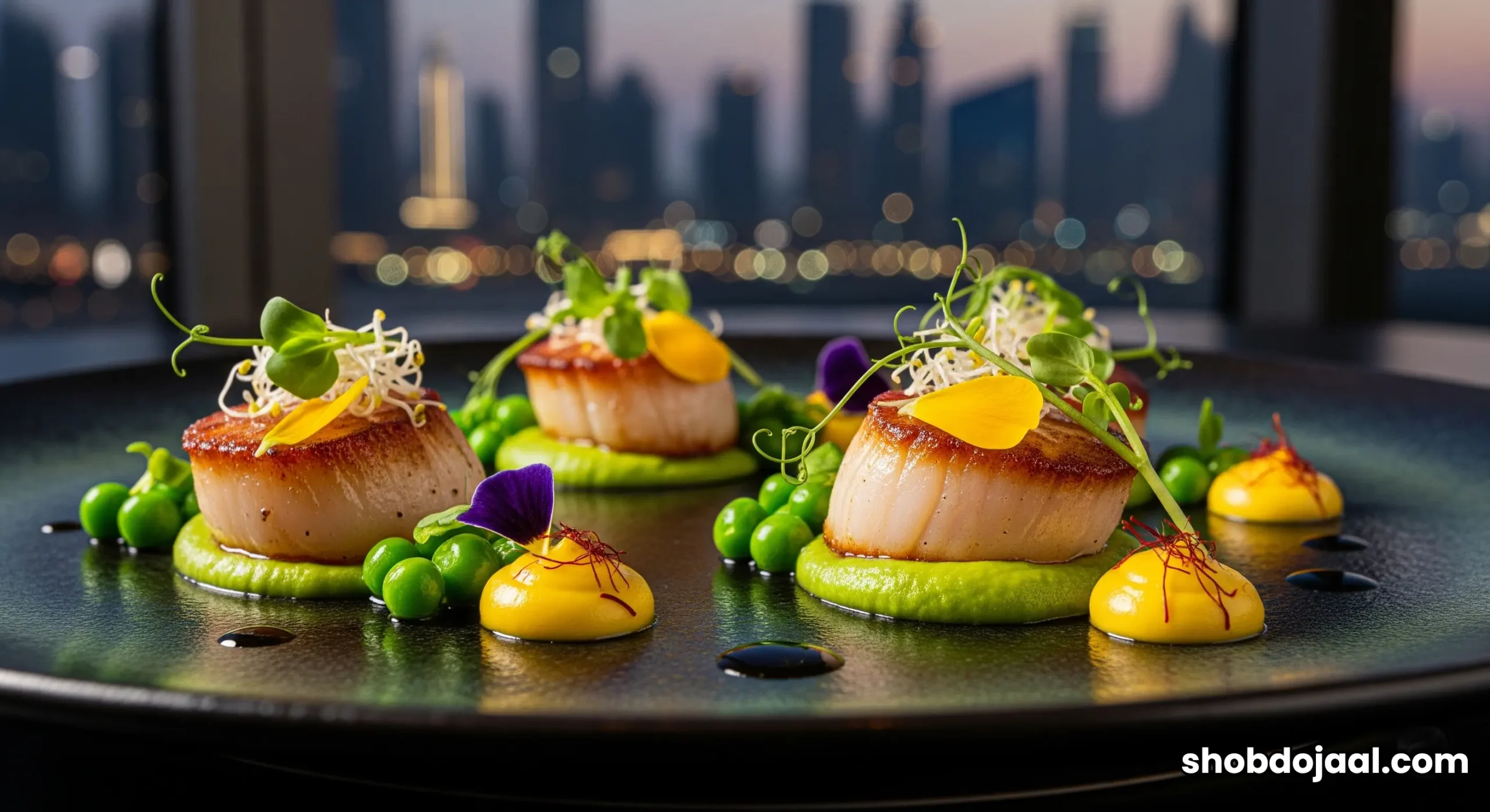 A Michelin-starred culinary creation on a white plate, with the glittering lights of the Dubai skyline blurred in the background.