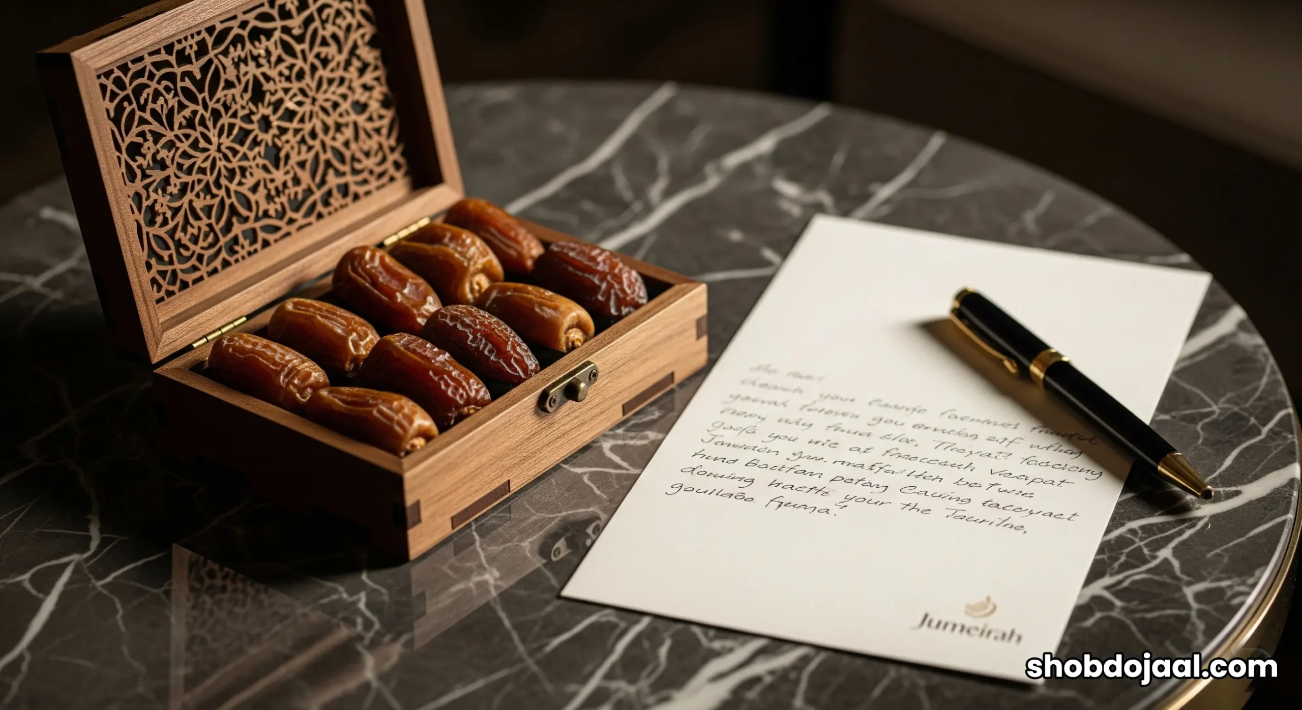 A luxurious welcome gift of dates and a handwritten note in a Burj Al Arab suite.