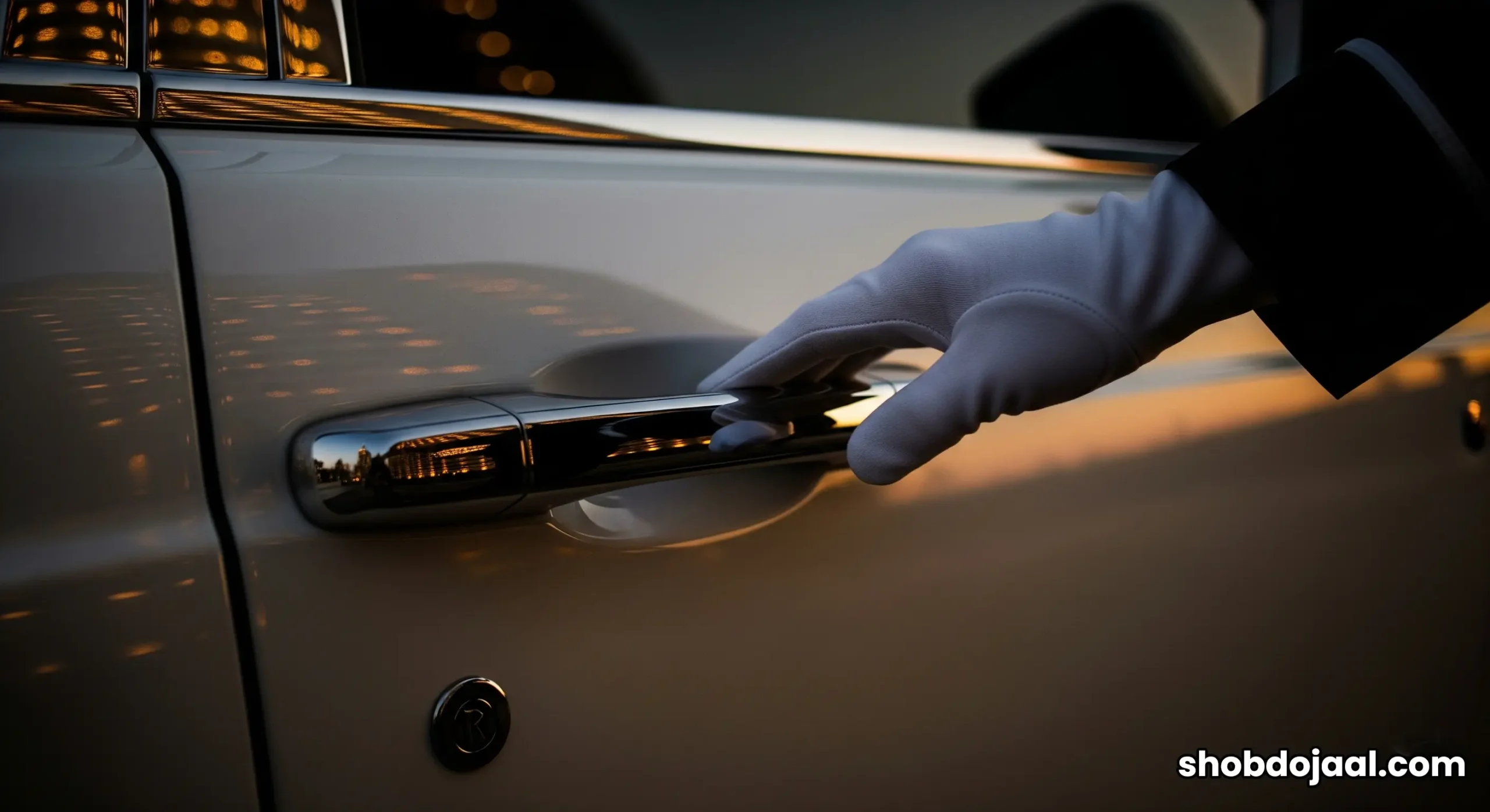 A professional chauffeur holding open the rear door of a white Rolls-Royce Phantom at the iconic entrance of the Burj Al Arab.