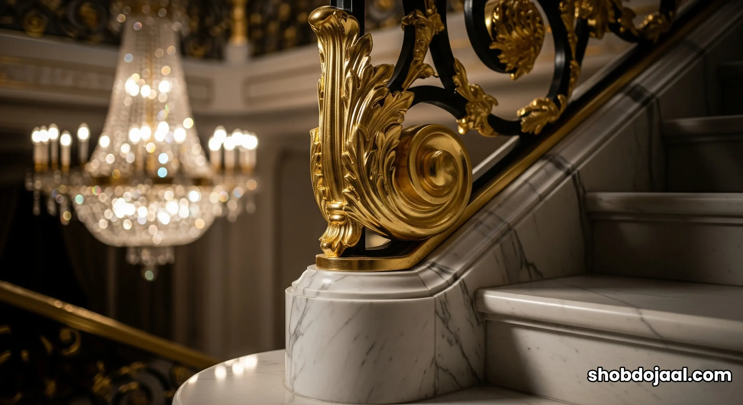 The grand, curving gold and marble staircase of the Burj Al Arab Royal Suite, showcasing its opulent two-story design.