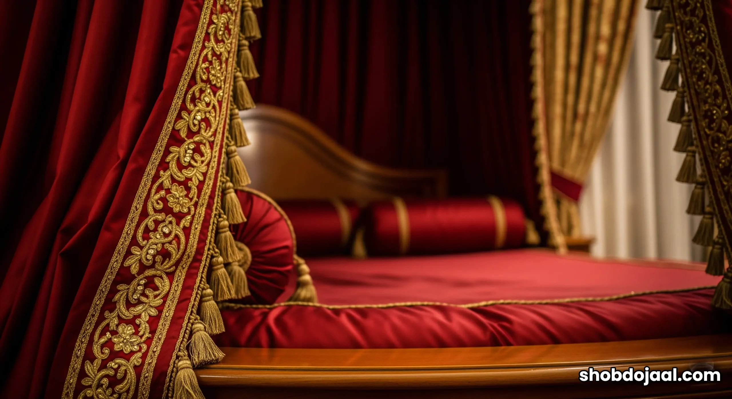 The incredibly lavish master bedroom of the Royal Suite at Burj Al Arab, showcasing the famous canopy bed.
