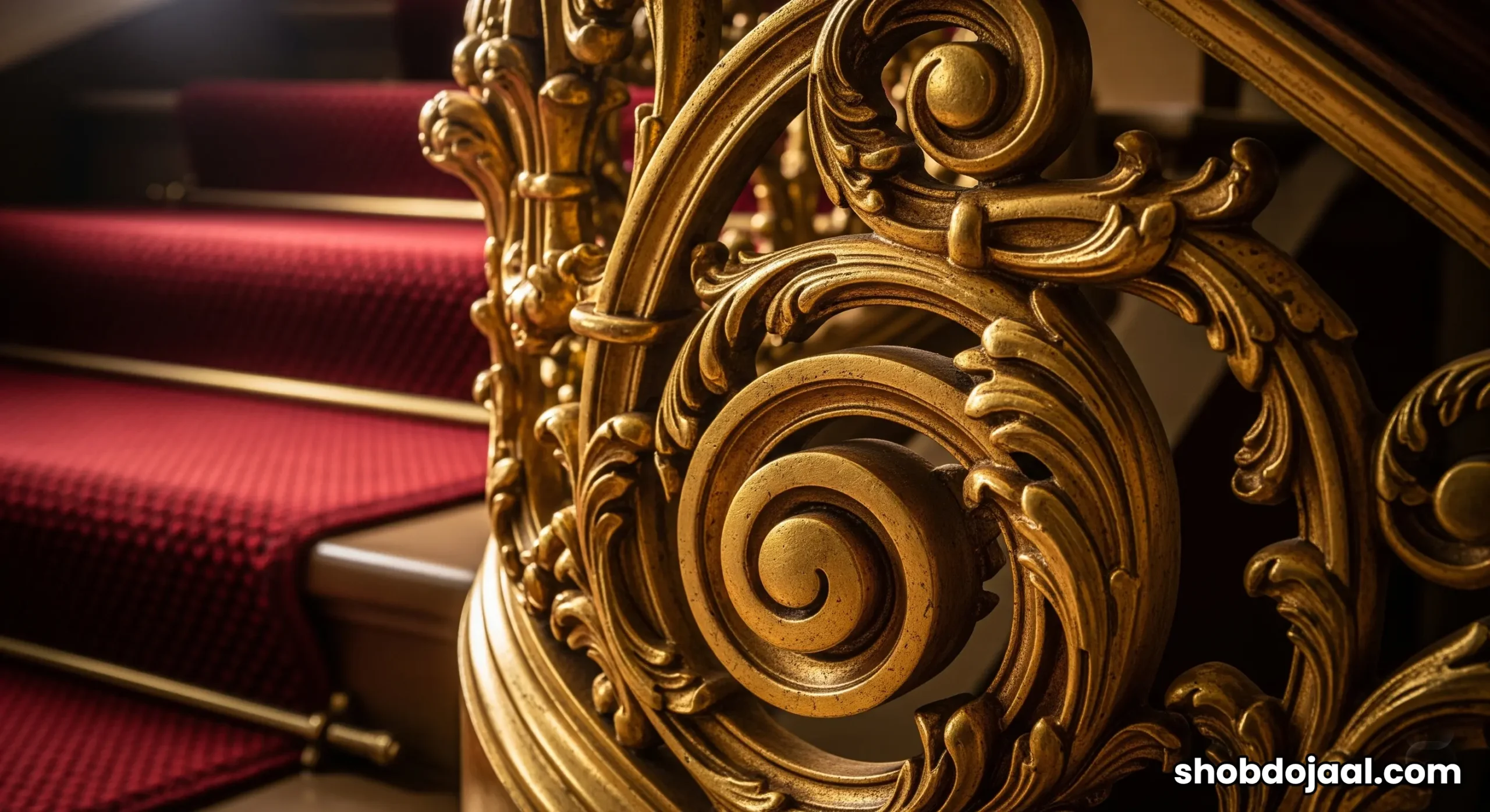 The magnificent grand staircase in a Presidential Burj Al Arab suite, showing its opulent red and gold decor.