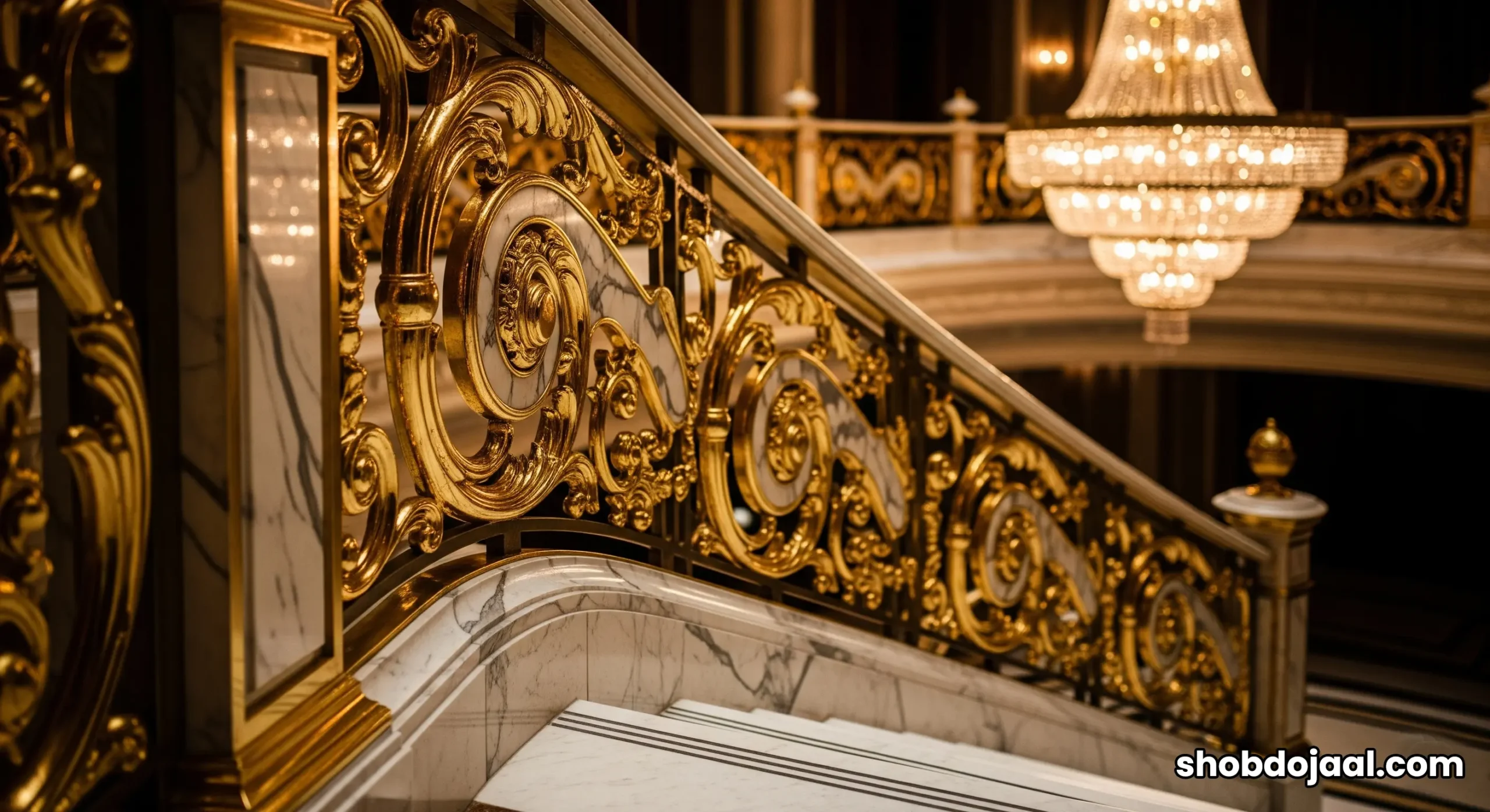 The opulent grand staircase of the Burj Al Arab Royal Suite, made of marble and trimmed with 24-karat gold.