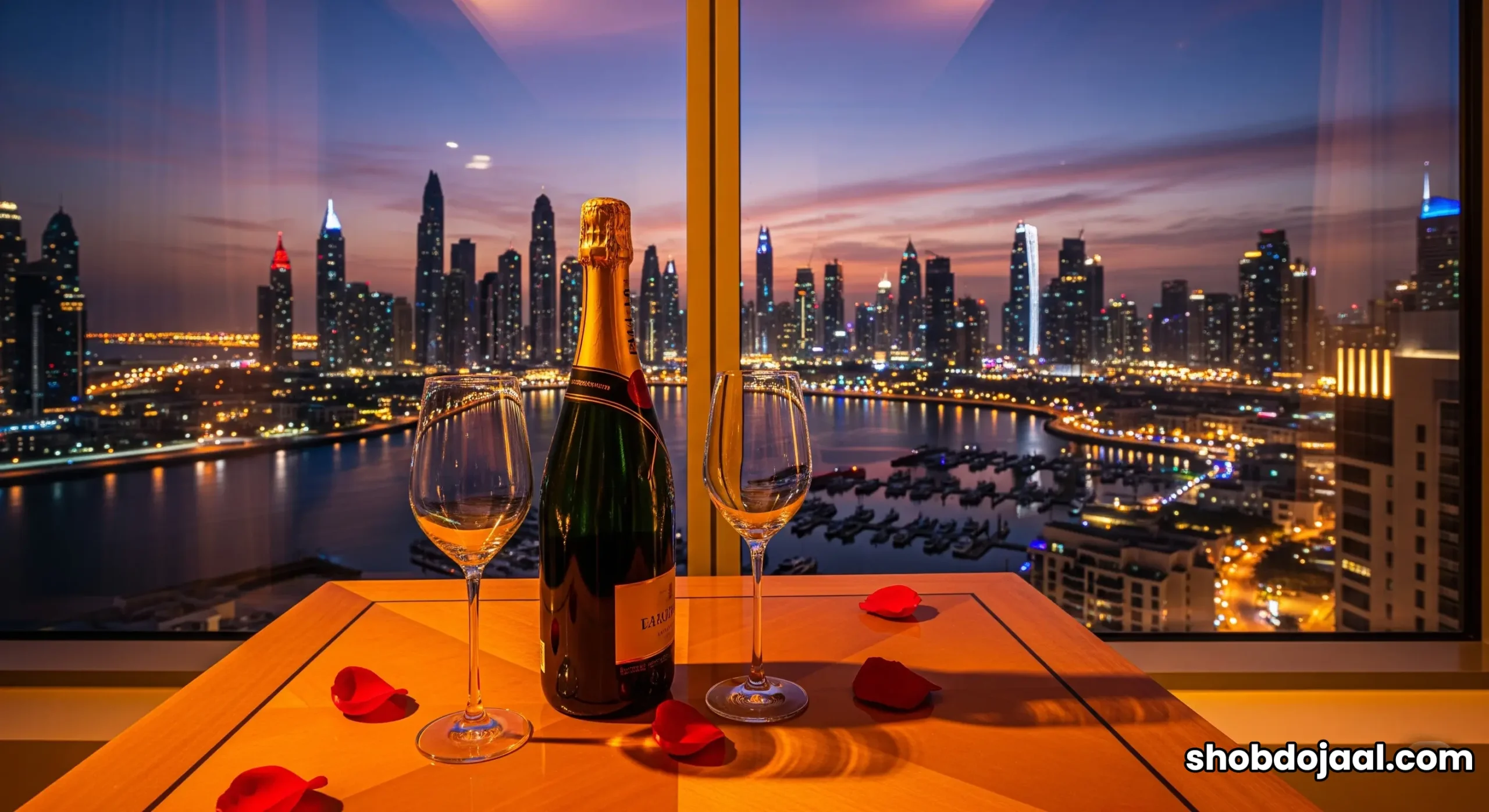 The stunning nighttime view of the Dubai Marina from the floor-to-ceiling windows of a Panoramic Burj Al Arab suite.