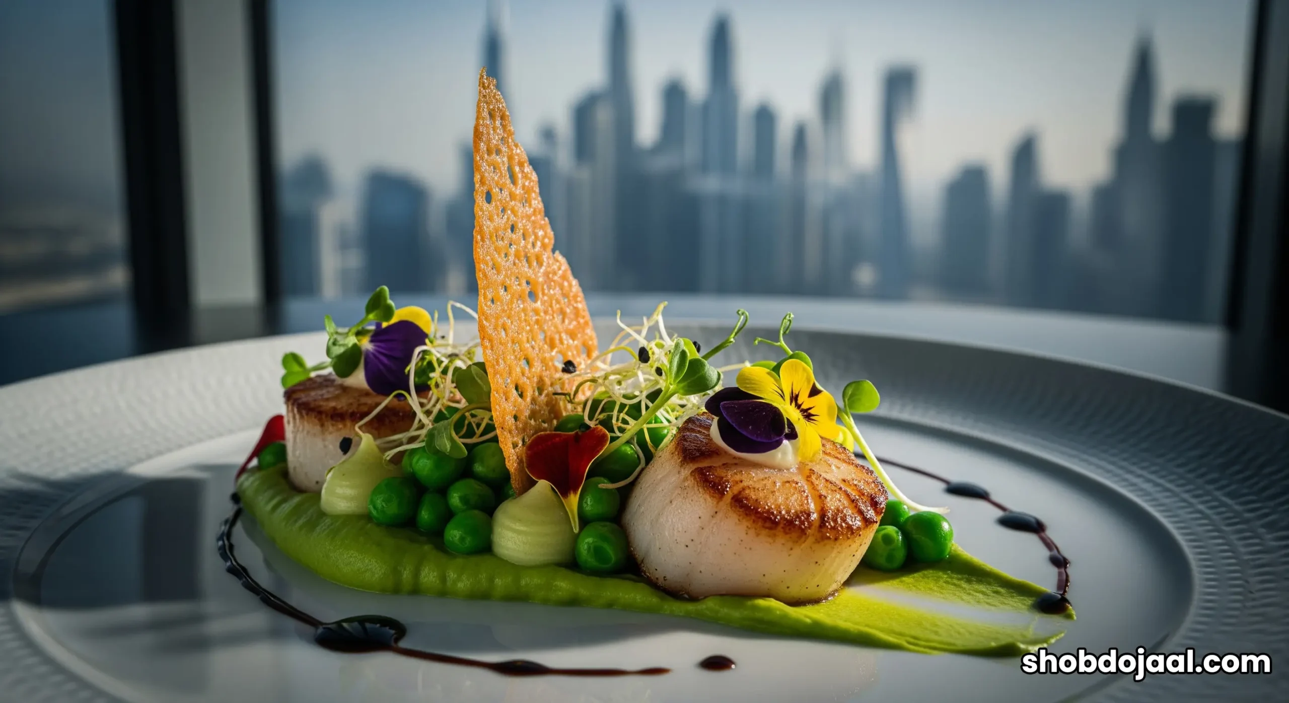 The stunning nighttime view of the Dubai skyline from a window-side table at the elegant Al Muntaha restaurant.